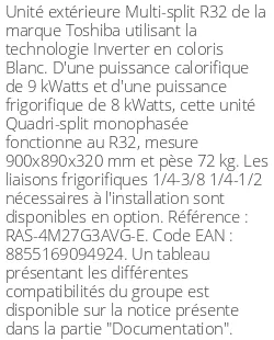 Unité extérieure Multi-split 9 kWatts 4 sorties - R32 - Toshiba - Réf : RAS-4M27G3AVG-E