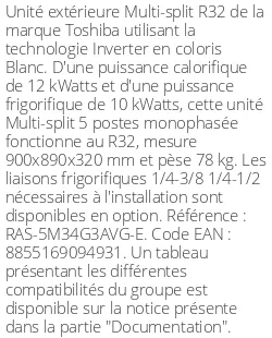 Unité extérieure Multi-split 12 kWatts 5 sorties - R32 - Toshiba - Réf : RAS-5M34G3AVG-E