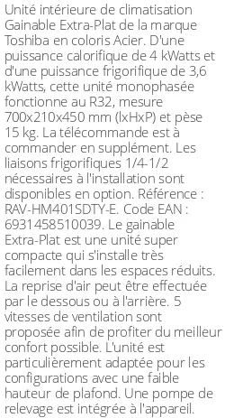 Gainable Extra-Plat - 4 kWatts - R32 - Toshiba - Réf : RAV-HM401SDTY-E