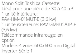Climatiseur Cassette 4 voies 600x600 mm Digital Inverter Série 1, 3,6 kWatts
