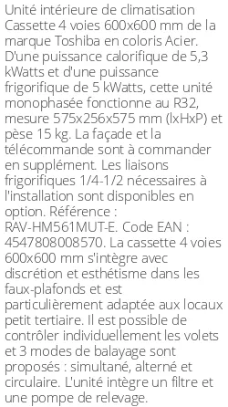 Cassette 4 voies 600 X 600 - 5.3 kWatts - R32 - Toshiba - Réf : RAV-HM561MUT-E