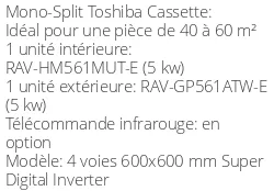 Climatiseur Cassette 4 voies 600x600 mm Super Digital Inverter, 5 kWatts