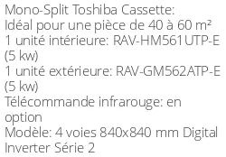 Climatiseur Cassette 4 voies 840x840 mm Digital Inverter Série 2, 5 kWatts Monophasé