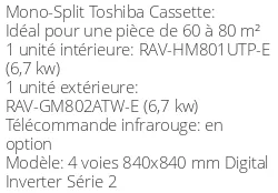 Climatiseur Cassette 4 voies 840x840 mm Digital Inverter Série 2, 6,7 kWatts Monophasé