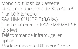Climatiseur Cassette Diffuseur 1 voie, 3,6 kWatts