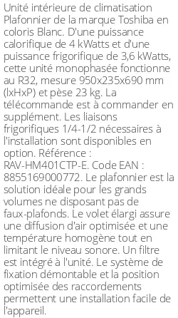 Plafonnier - 4 kWatts - R32 - Toshiba - Réf : RAV-HM401CTP-E