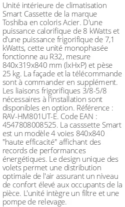 Cassette 4 voies Smart - 8.6 kWatts - R32 - Toshiba - Réf : RAV-HM801UT-E