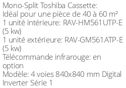 Climatiseur Cassette 4 voies 840x840 mm Digital Inverter Série 1, 5 kWatts Monophasé