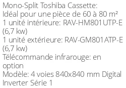 Climatiseur Cassette 4 voies 840x840 mm Digital Inverter Série 1, 6,7 kWatts Monophasé