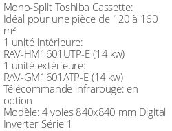 Climatiseur Cassette 4 voies 840x840 mm Digital Inverter Série 1, 14 kWatts Monophasé