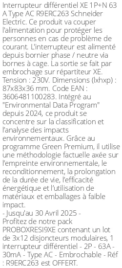 Interrupteur différentiel XE R9ERC263 1P+N 63 A Type AC