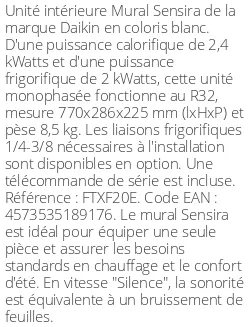 Split mural Sensira FTXF-E - 2.4 kWatts - R32 - Daikin - Réf : FTXF20E