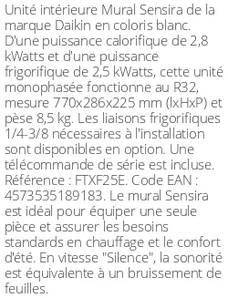 Split mural Sensira FTXF-E - 2.8 kWatts - R32 - Daikin - Réf : FTXF25E