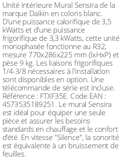 Split mural Sensira FTXF-E - 3.5 kWatts - R32 - Daikin - Réf : FTXF35E