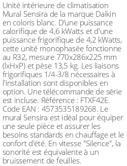 Split mural Sensira FTXF-E - 4.6 kWatts - R32 - Daikin - Réf : FTXF42E
