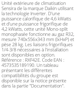 Unité extérieure Sensira RXF-E 4.6 kWatts - R32 - Daikin - Réf : RXF42E