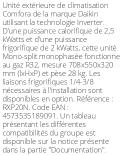 Unité extérieure Comfora 2.5 kWatts - R32 - Daikin - Réf : RXP20N