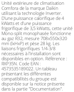Unité extérieure Comfora 4 kWatts - R32 - Daikin - Réf : RXP35N