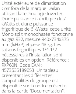 Unité extérieure Comfora 7 kWatts - R32 - Daikin - Réf : RXP60N