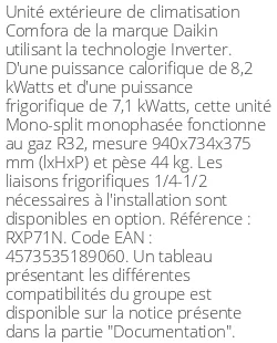 Unité extérieure Comfora 8.2 kWatts - R32 - Daikin - Réf : RXP71N