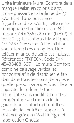 Split mural Comfora - 2.5 kWatts - R32 - Daikin - Réf : FTXP20N