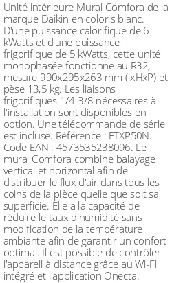 Split mural Comfora - 6 kWatts - R32 - Daikin - Réf : FTXP50N