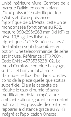 Split mural Comfora - 7 kWatts - R32 - Daikin - Réf : FTXP60N