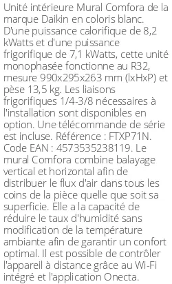 Split mural Comfora - 8.2 kWatts - R32 - Daikin - Réf : FTXP71N