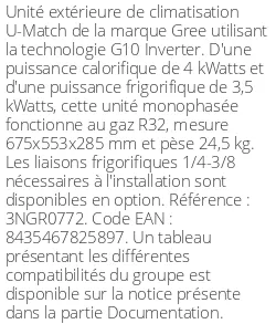 Unité extérieure U-Match 12 4 kWatts Monophasé - R32 - Gree - Réf : 3NGR0772