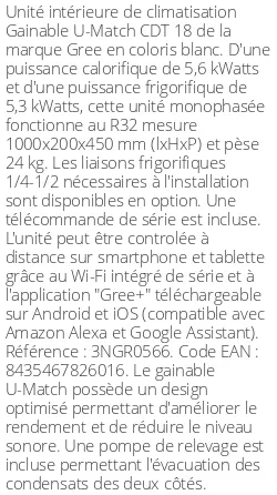 Gainable U-Match CDT 18 - 5.6 kWatts - R32 - Gree - Réf : 3NGR0566