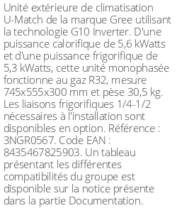 Unité extérieure U-Match 18 5.6 kWatts Monophasé - R32 - Gree - Réf : 3NGR0567