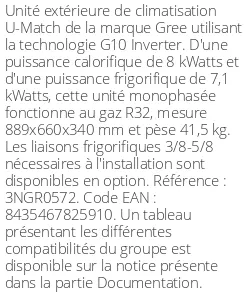 Unité extérieure U-Match 24 8 kWatts Monophasé - R32 - Gree - Réf : 3NGR0572