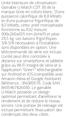 Gainable U-Match CDT 30 - 8.8 kWatts - R32 - Gree - Réf : 3NGR0576