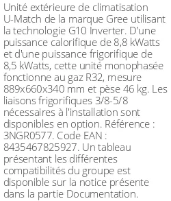 Unité extérieure U-Match 30 8.8 kWatts Monophasé - R32 - Gree - Réf : 3NGR0577