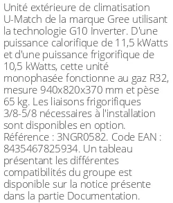 Unité extérieure U-Match 36 11.5 kWatts Monophasé - R32 - Gree - Réf : 3NGR0582