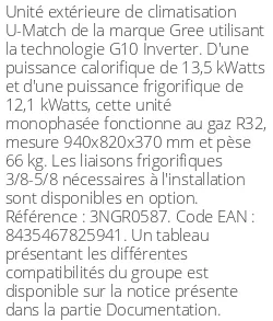 Unité extérieure U-Match 42 13.5 kWatts Monophasé - R32 - Gree - Réf : 3NGR0587