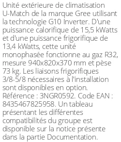 Unité extérieure U-Match 48 15.5 kWatts Monophasé - R32 - Gree - Réf : 3NGR0592
