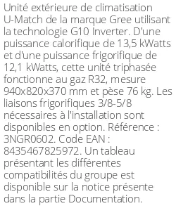 Unité extérieure U-Match 42 3PH 13.5 kWatts Triphasé - R32 - Gree - Réf : 3NGR0602