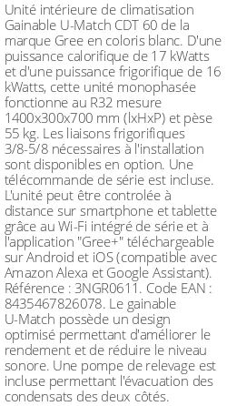Gainable U-Match CDT 60 - 17 kWatts - R32 - Gree - Réf : 3NGR0611