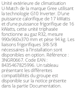 Unité extérieure U-Match 60 3PH 17 kWatts Triphasé - R32 - Gree - Réf : 3NGR0667