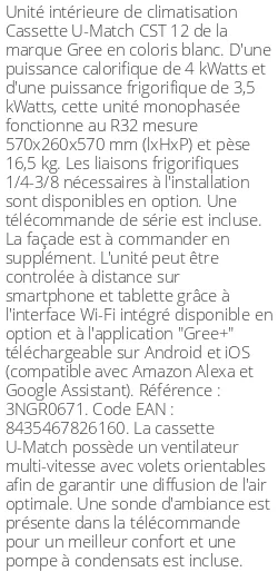 Cassette 4 voies U-Match CST 12 - 4 kWatts - R32 - Gree - Réf : 3NGR0671