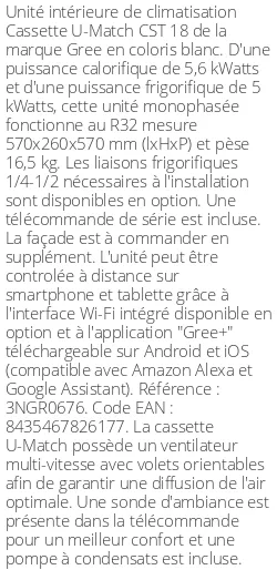 Cassette 4 voies U-Match CST 18 - 5.6 kWatts - R32 - Gree - Réf : 3NGR0676