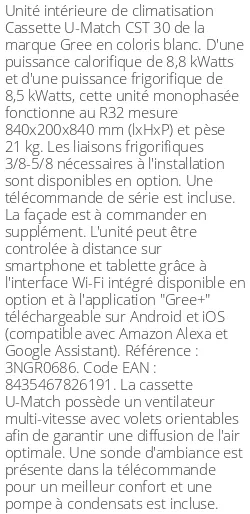 Cassette 4 voies U-Match CST 30 - 8.8 kWatts - R32 - Gree - Réf : 3NGR0686