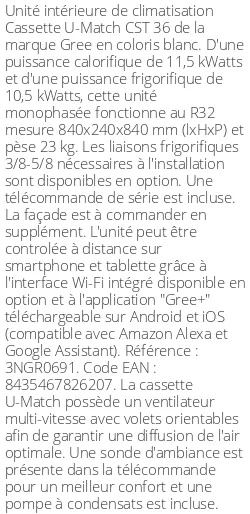 Cassette 4 voies U-Match CST 36 - 11.5 kWatts - R32 - Gree - Réf : 3NGR0691