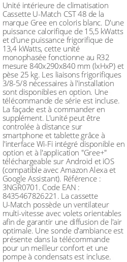 Cassette 4 voies U-Match CST 48 - 15.5 kWatts - R32 - Gree - Réf : 3NGR0701