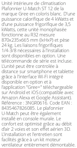 Plafonnier U-Match ST 12 - 4 kWatts - R32 - Gree - Réf : 3NGR0616