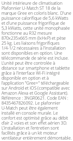 Plafonnier U-Match ST 18 - 5.6 kWatts - R32 - Gree - Réf : 3NGR0621