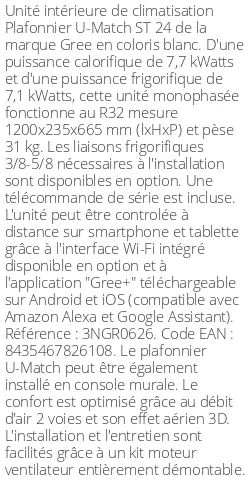 Plafonnier U-Match ST 24 - 7.7 kWatts - R32 - Gree - Réf : 3NGR0626