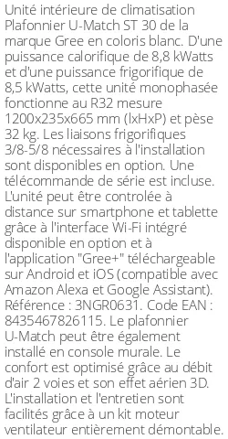 Plafonnier U-Match ST 30 - 8.8 kWatts - R32 - Gree - Réf : 3NGR0631