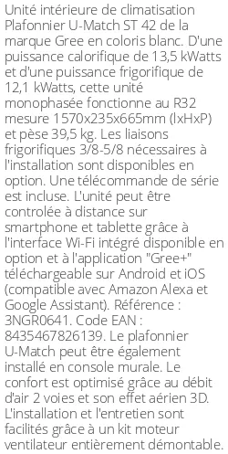 Plafonnier U-Match ST 42 - 13.5 kWatts - R32 - Gree - Réf : 3NGR0641